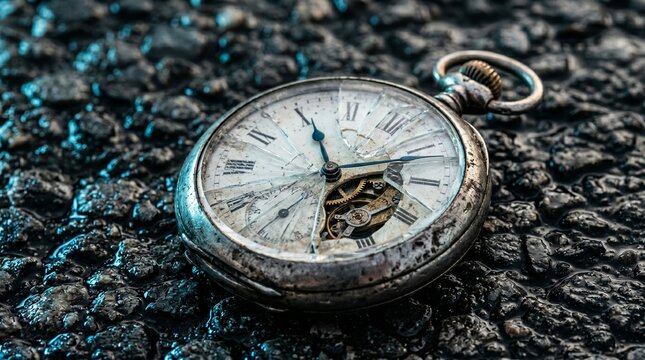 Broken Vintage Pocket Watch Resting On Wet Dark Asphalt Surface