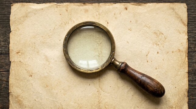 Vintage Brass Magnifying Glass Resting On Blank Aged Paper Background