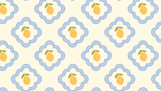 Elegant whole lemon seamless pattern with delicate leaves in soft coastal style