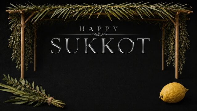 Elegant Sukkot Banner With Etrog Lulav Aravot and Hadassim Silver Text Black Background