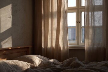 Fototapeta premium Sunlit bedroom with soft linen bedding and window curtains creating warm morning atmosphere