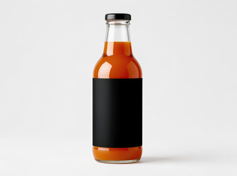 A close-up photo of a hot sauce bottle with a black label