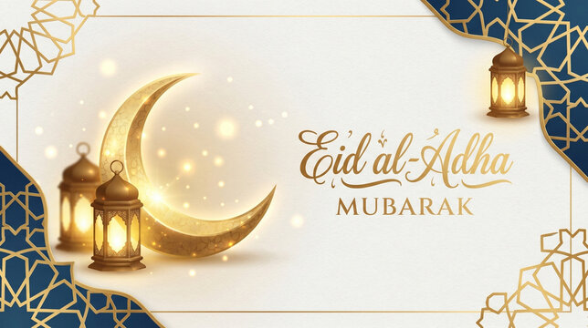 Luxury Eid al-Adha Mubarak Gold Typography on Navy Islamic Background with Lanterns