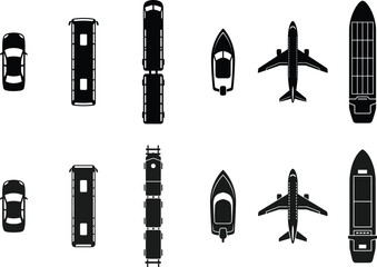 Black silhouette icons of various transportation vehicles top down view © Abdul