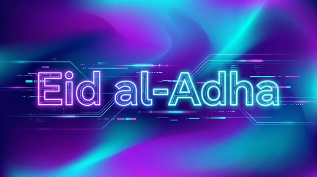 Futuristic Neon Eid al-Adha Typography on Gradient Background Digital Design
