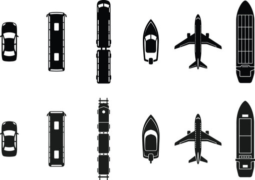 Black silhouette icons of various transportation vehicles top down view
