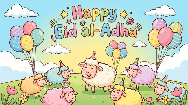 Cute Cartoon Eid al-Adha Illustration with Sheep and Balloons for Kids Celebration