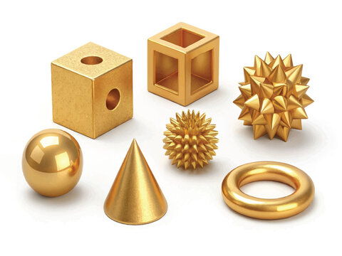 Gold metallic 3D geometric shapes  cubes cones spheres tori and spiky balls