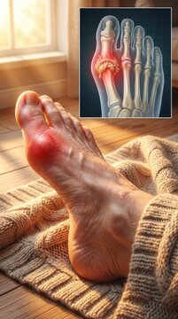 Gouty condition affliction: foot agony, joint inflammation, urate crystal, painful metatarsal, swollen appendage, reddened digit, tophi formation, aching tissue.