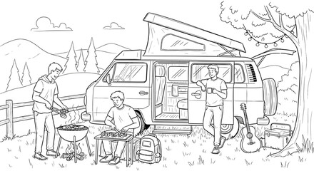 Fototapeta premium Friends enjoying a summer camping trip, cooking on a barbecue and relaxing by a camper van in a scenic natural landscape.