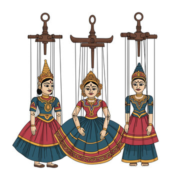 Traditional marionette puppets illustration in folk costume