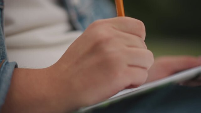 Closeup hand drawing with pencil on clipboard, denim sleeve and notebook edge visible, tight shallow depth of field, deliberate strokes and textured paper, intimate concentrated moment, subtle natural
