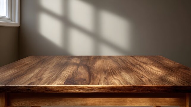A rich wooden tabletop providing a stylish backdrop featuring defined window shadows and dramatic natural light