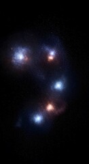 Fototapeta premium Cosmic view of glowing star clusters and blue nebulae scattered across deep space vacuum.