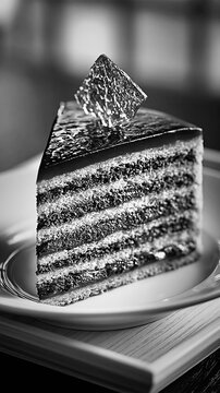 Slice of classic Dobos torte cake with multiple sponge layers