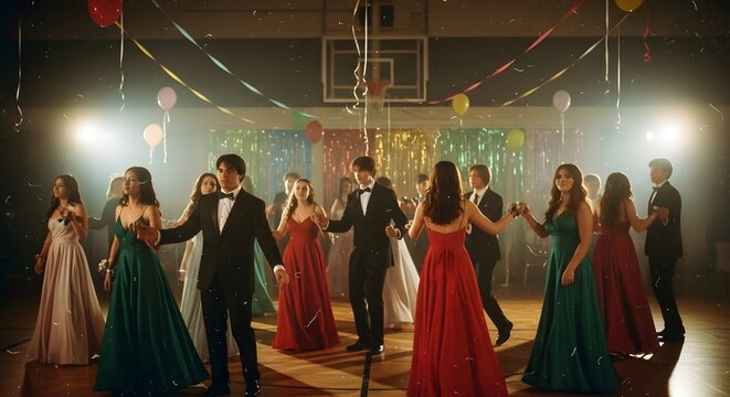 Teenagers dancing at a school prom in a decorated gymnasium
