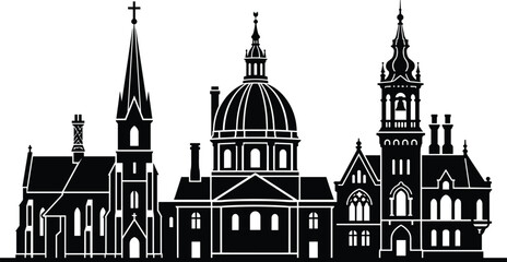 Historic church and cathedral silhouettes collection featuring classic European architecture with domes and towers isolated on white background for design © urmilarani