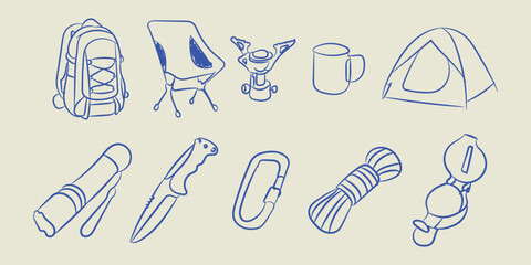 Camping and hiking doodle vector illustration with backpack tent compass rope and outdoor adventure gear icons set © Imran