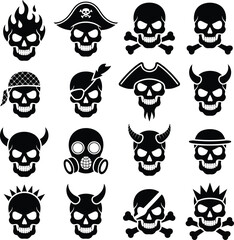 Fototapeta premium Skull icons set featuring various character designs like pirates and demons in a minimalist flat vector illustration style for creative branding projects.