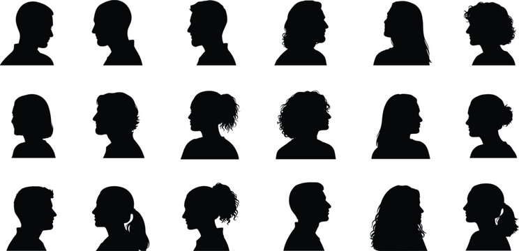 Human profile silhouette collection with diverse male and female head shapes isolated on white background for avatar identity and design use