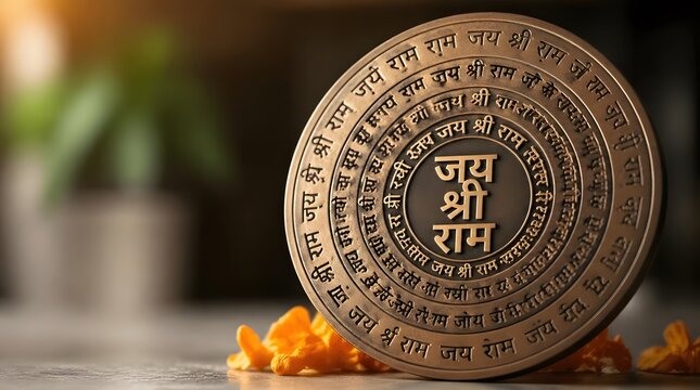Circular Gold Coin with Sanskrit Script and Orange Petals