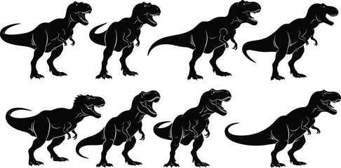 Tyrannosaurus rex silhouette collection with dinosaur poses isolated on white background for prehistoric wildlife education and creative illustration design use © urmilarani