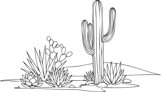 Desert Landscape with Saguaro Cactus and Agave Plants Line Illustration.
