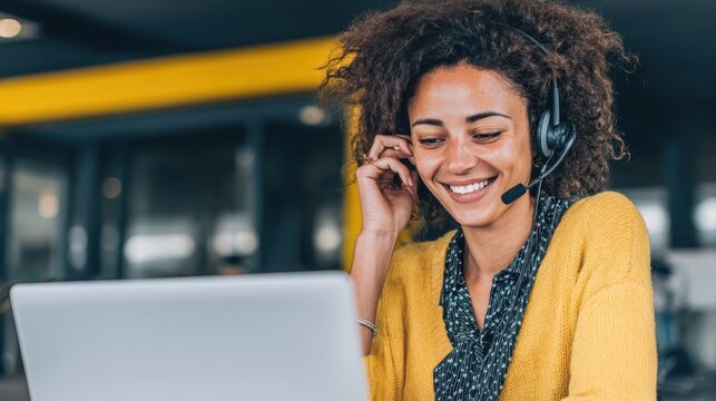 Woman, laptop and call center agent with smile for customer service, crm and help or support. Sales representative, tech and telemarketing with portrait for communication, networking and negotiation