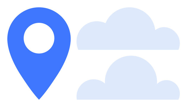 Navigation, weather, cloud services, travel, technology, communication. A blue location pin next to two simple clouds. Navigation and weather concepts for apps and services
