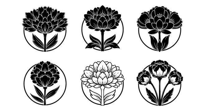 Flower mandala engravings set with ornate petals and circular badge frames for decorative vintage emblem design