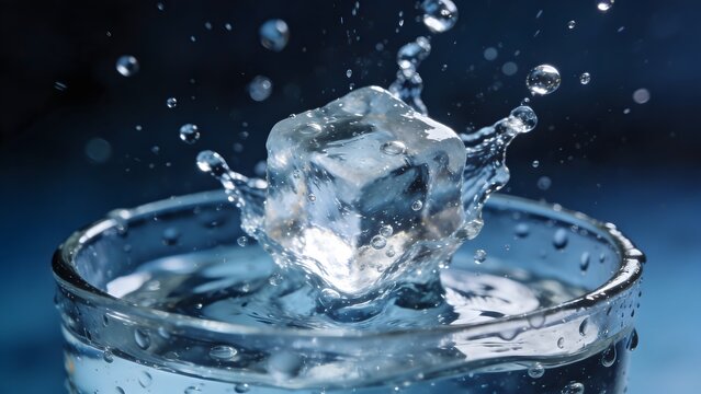 An ice cube splashes into a glass of water, creating a refreshing and dynamic visual.