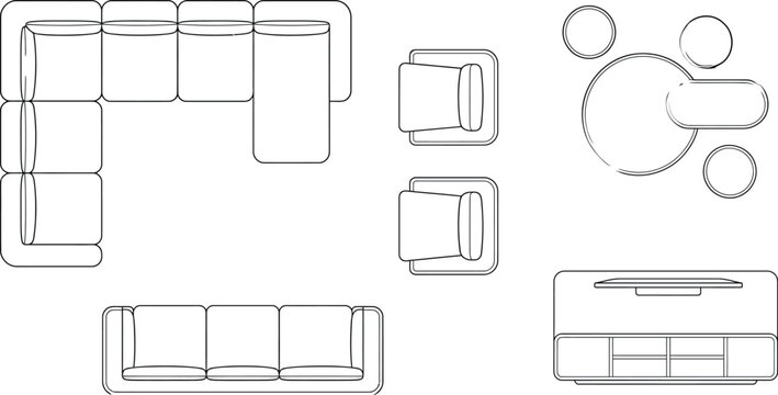 Top view living room furniture CAD outline set, sectional sofa, armchairs, coffee tables, TV stand and layout elements for interior design, floor plans and architectural blueprint drawings