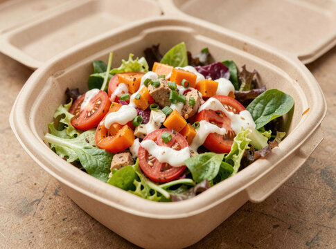 Salad in a disposable container on a table, perfect for outdoor events or casual gatherings