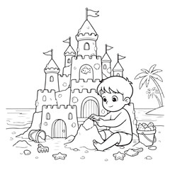 Naklejka premium Boy Building Giant Sandcastle