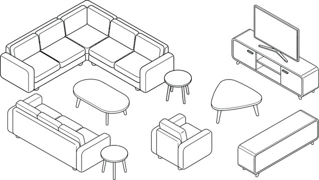 Isometric living room furniture CAD vector set, 3D outline sofa, armchair, coffee table, side tables and TV stand for interior design, room planning and architectural layout concepts