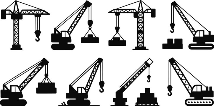 Black crane lift hoist tower work site vector icon set