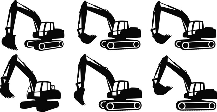 Six new black flat digger vector icon art sign set