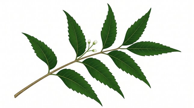 Fresh neem leaf branch with small flowers on a white background for herbal medicine illustration