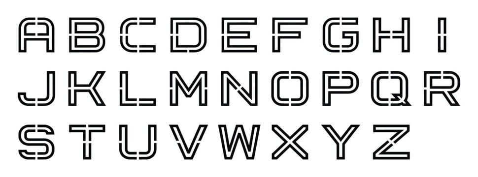 Alphabet letters a to z presented as stenciled font against a white background with alphabet stenciled typography character lettering education