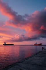 Fototapeta premium Two ships near pier with people watching colorful sunset
