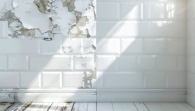 Comparaison avant apr&egrave;s d'un mur en carrelage blanc en cours de r&eacute;novation