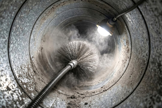  HVAC technician cleaning ventilation duct with brush, inside duct view, dust and debris removal, air quality service