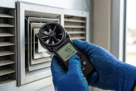Anemometer measuring air flow from ventilation outlet, close-up of instrument, HVAC testing and commissioning