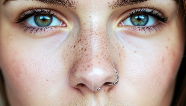 Portrait rapproch&eacute; de yeux verts et nez avec taches de rousseur