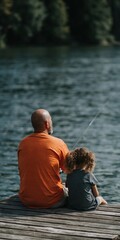 Fototapeta premium Man and child sharing moment on wooden dock by lake