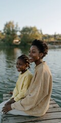 Fototapeta premium Woman and girl smiling while sitting on lakeside dock
