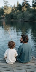 Fototapeta premium Father and child sitting fishing on wooden dock by lake