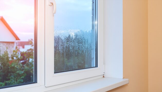 Fen&ecirc;tre moderne en PVC blanc avec bu&eacute;e et condensation