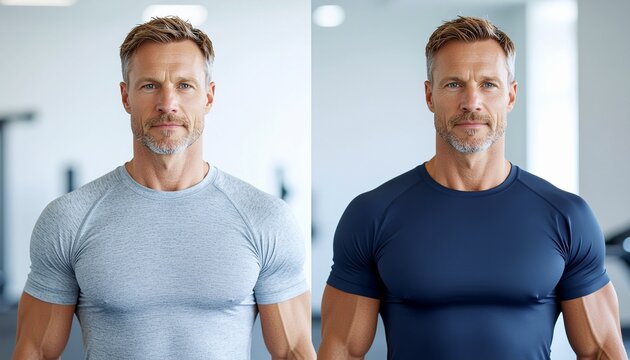 Portrait avant et apr&egrave;s d'un homme muscl&eacute; en tenue de sport