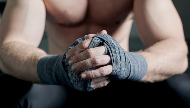 Mains d'un athl&egrave;te band&eacute;es pour un entra&icirc;nement de boxe